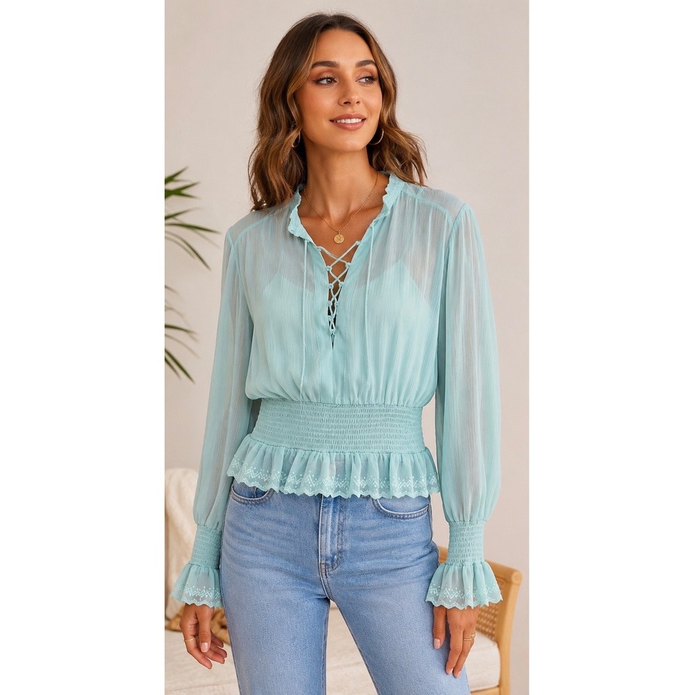 Venus Aqua Blue Smocked Waist Lace Up Chiffon Blouse Boho‎ Peasant Top Size 6